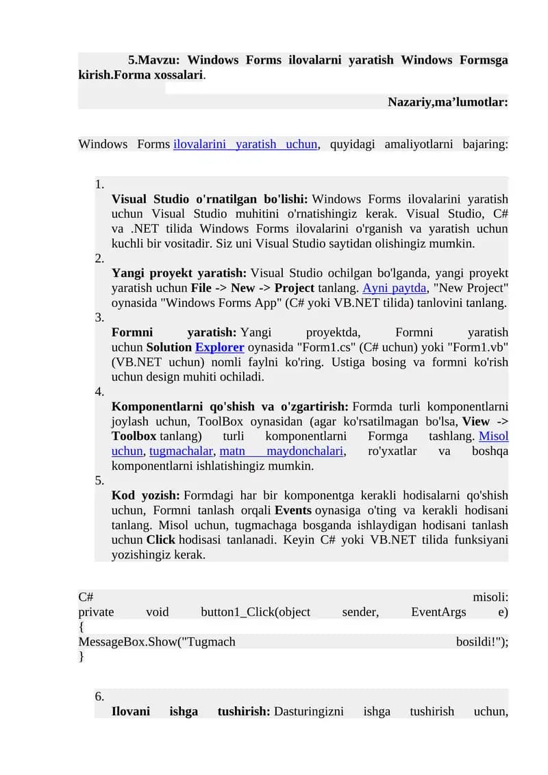 Windows Forms ilovalarni yaratish