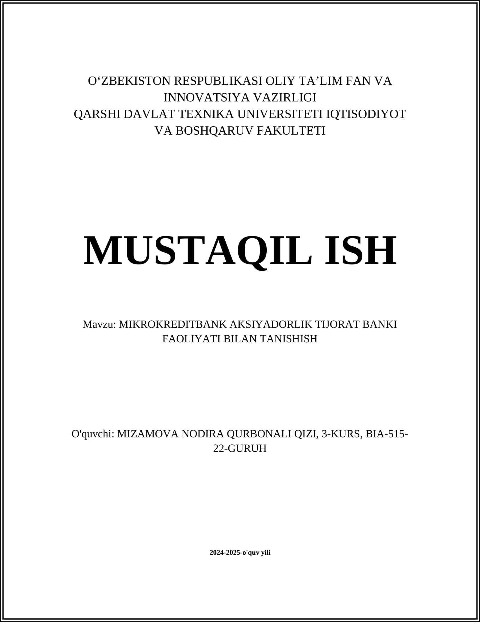 MIKROKREDITBANK AKSIYADORLIK TIJORAT BANKI FAOLIYATI BILAN TANISHISH