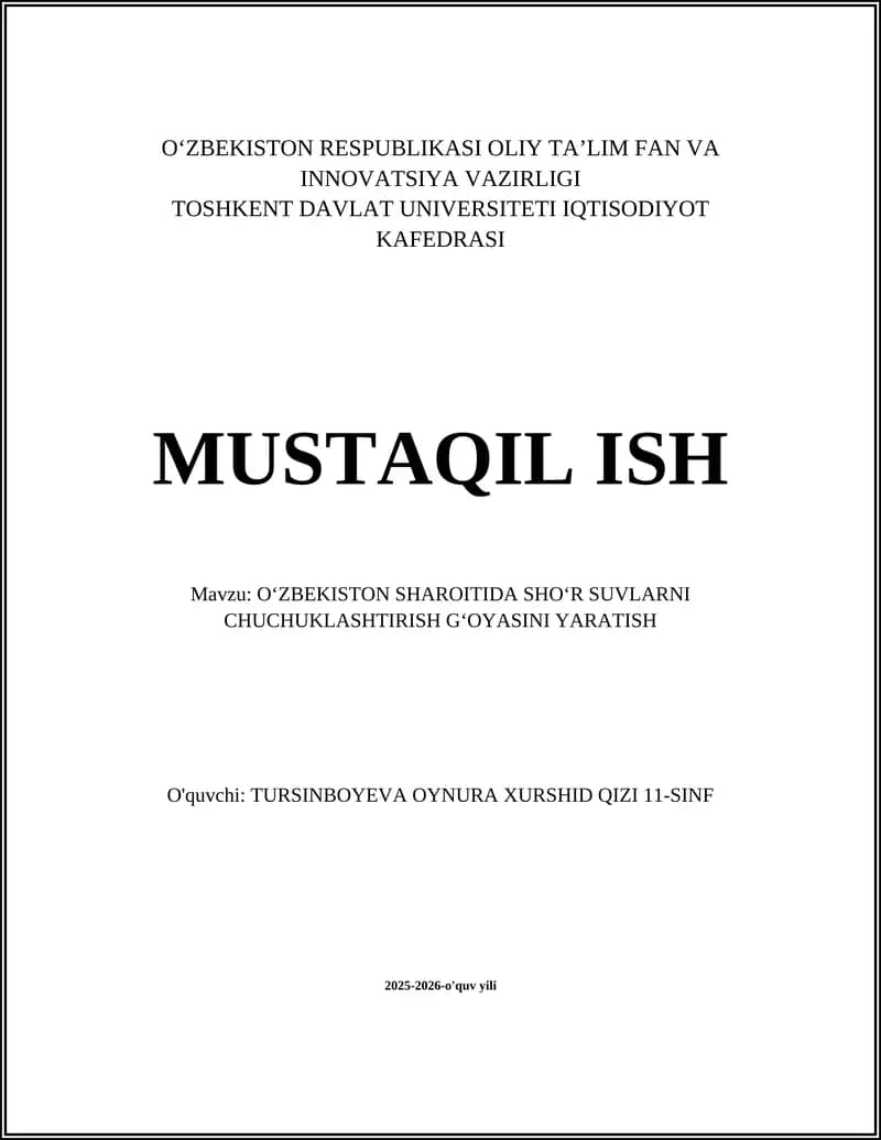 O‘ZBEKISTON SHAROITIDA SHO‘R SUVLARNI CHUCHUKLASHTIRISH GʻOYASINI YARATISH