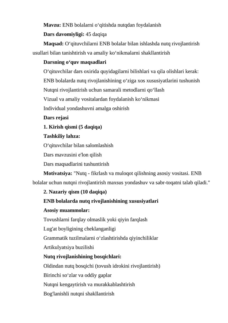 ENB bolalarni oʻqitishda nutqdan foydalanish