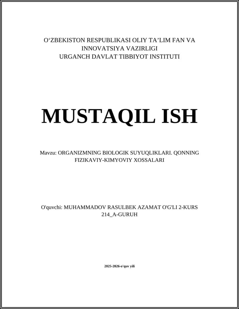 ORGANIZMNING BIOLOGIK SUYUQLIKLARI