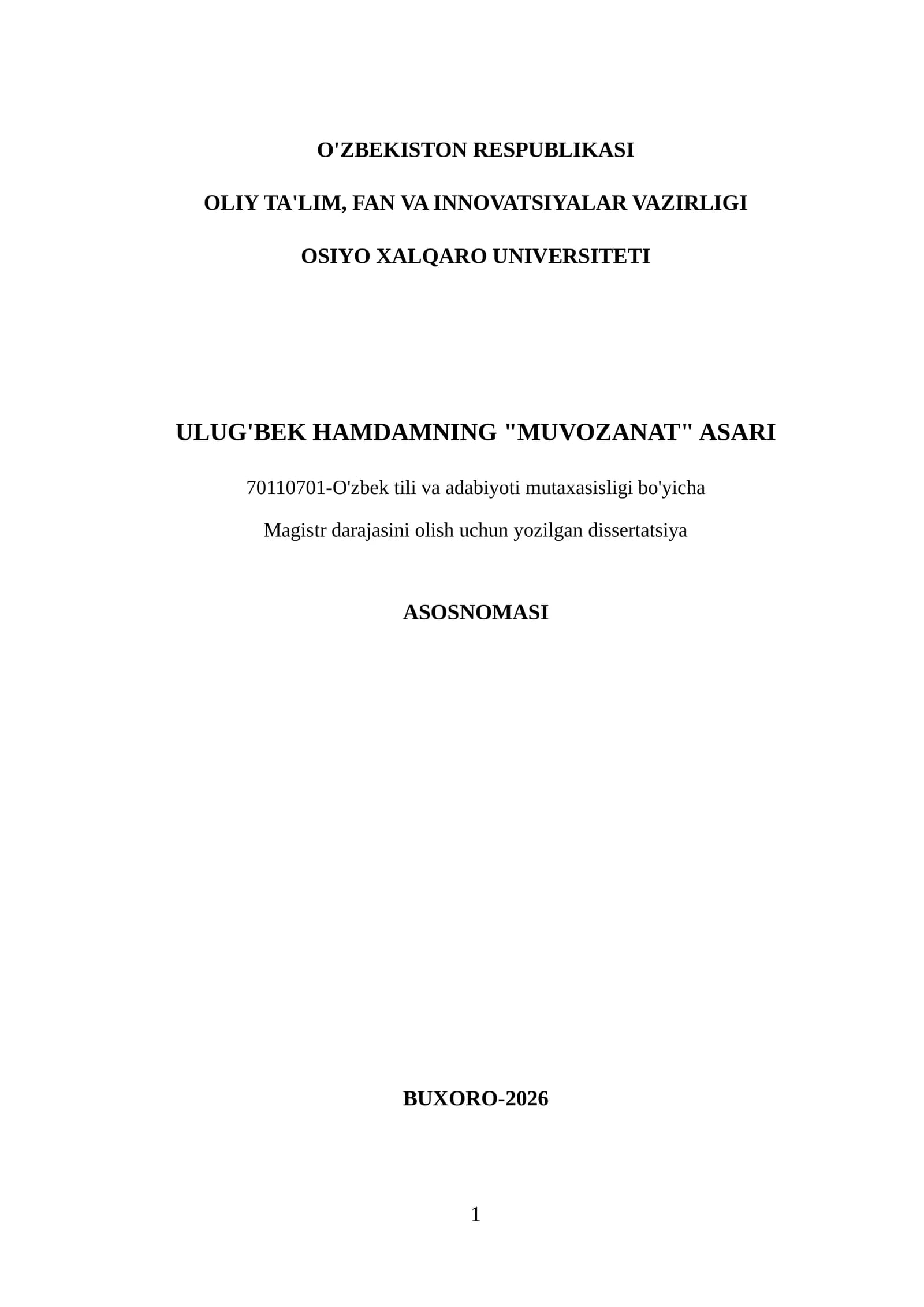 ULUG'BEK HAMDAMNING "MUVOZANAT" ASARI
