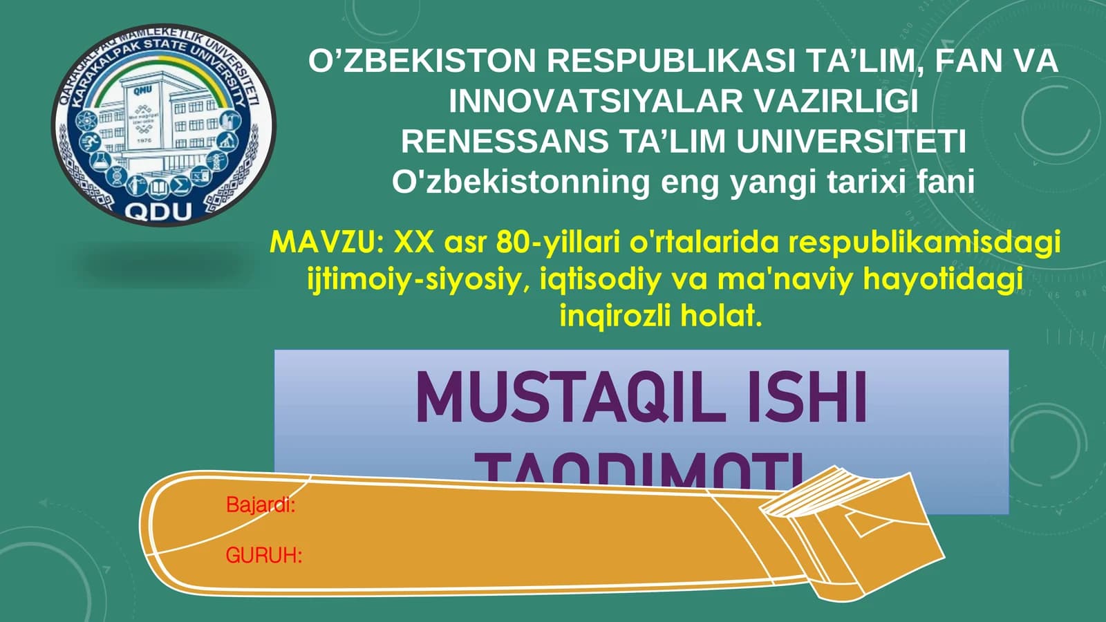 XX-asr 80-yillari o'rtasida respublikamizdagi ijtimoiy-siyosiy, iqtisodiy va ma’naviy hayotidagi inqirozli holat mavzusidagi mustaqil ish taqdimoti Taqdimot