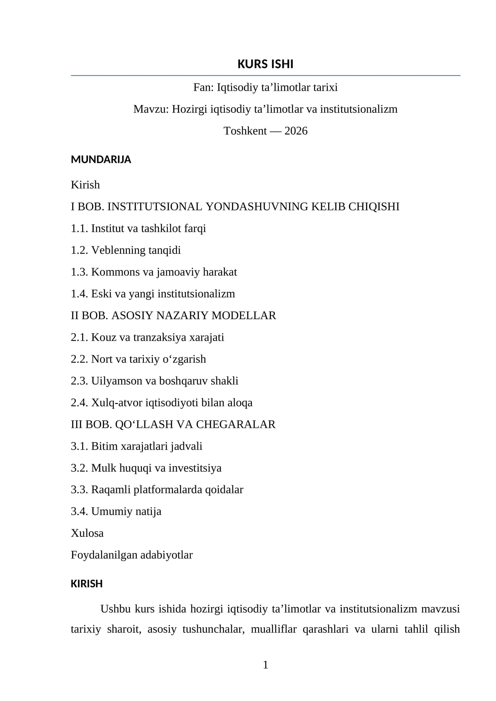 Hozirgi iqtisodiy ta’limotlar va institutsionalizm