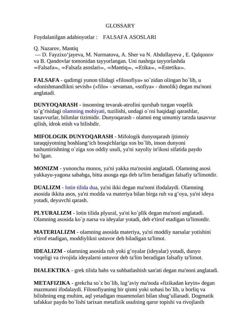 Foydalanilgan adabiyotlar: FALSAFA ASOSLARI