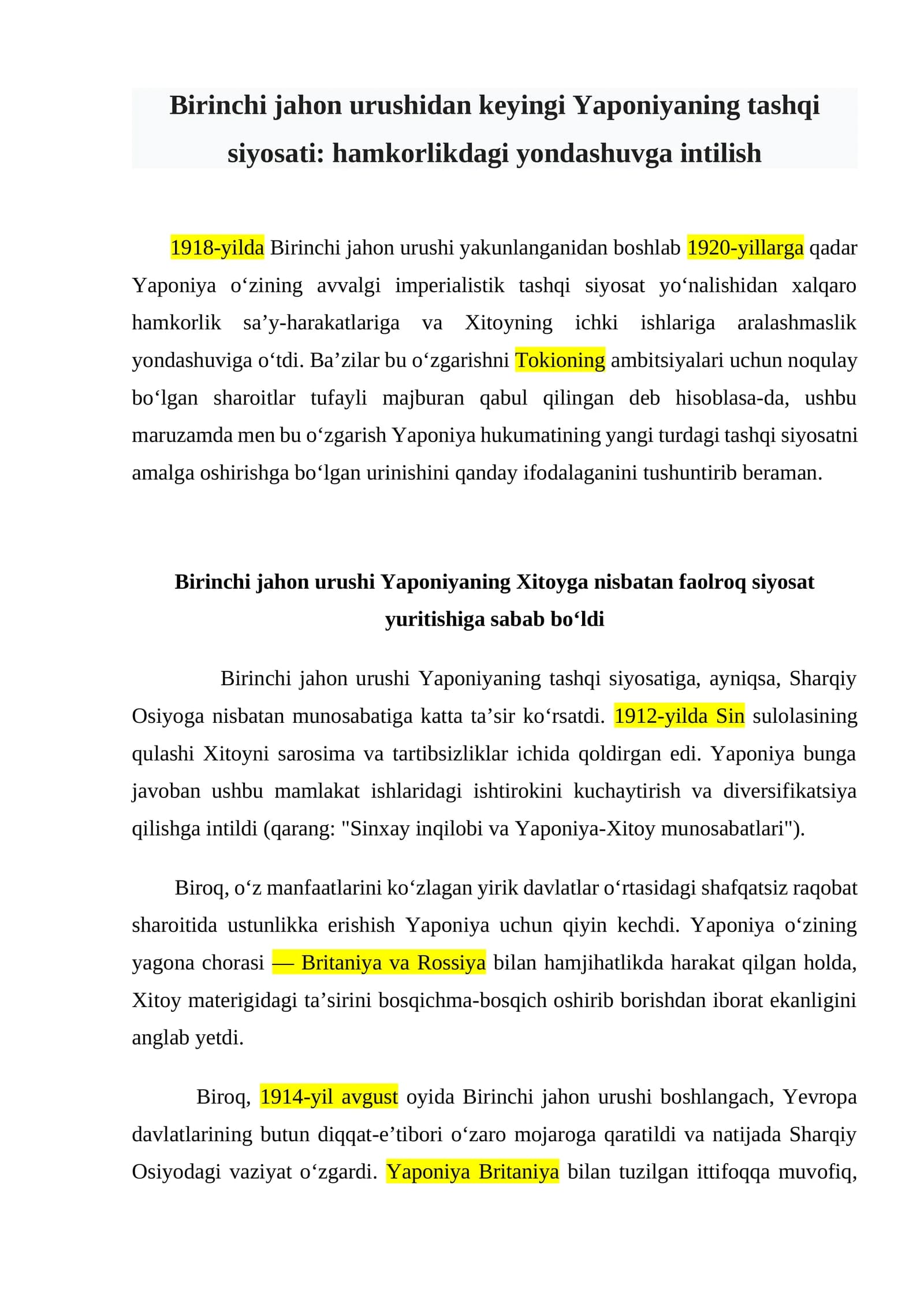 Birinchi jahon urushidan keyingi Yaponiyaning tashqi siyosati: hamkorlikdagi yondashuvga intilish