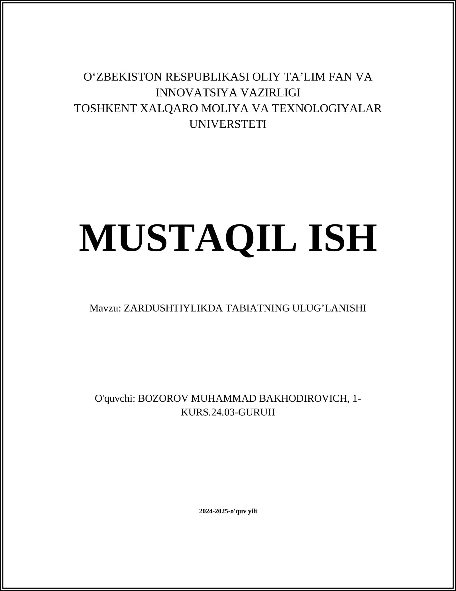 ZARDUSHTIYLIKDA TABIATNING ULUG’LANISHI
