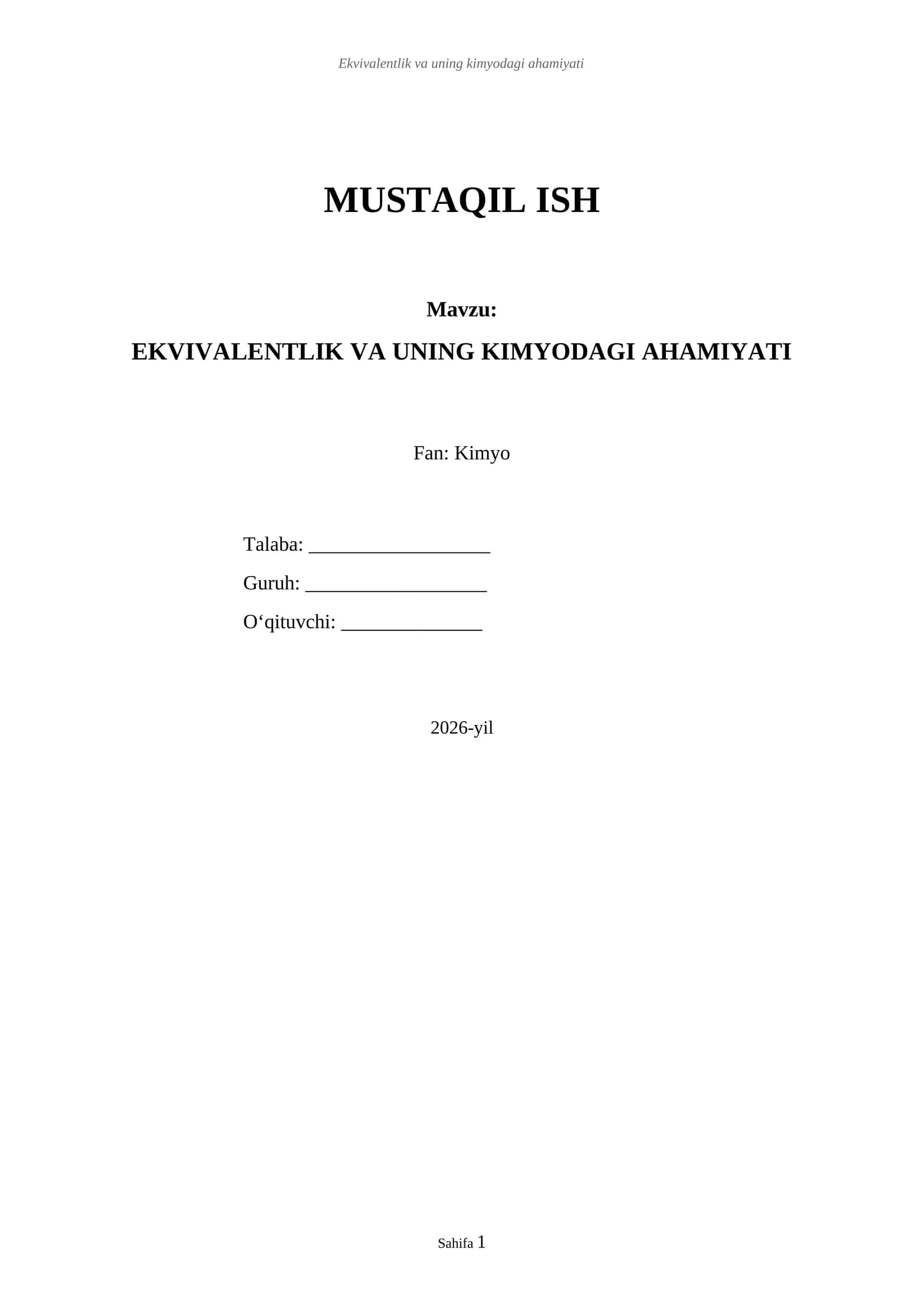Ekvivalentlik va uning kimyodagi ahamiyati