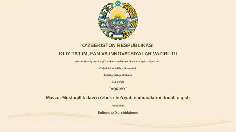 Mustaqillik davri o'zbek sheʼriyati namunalarini ifodali oʻqish