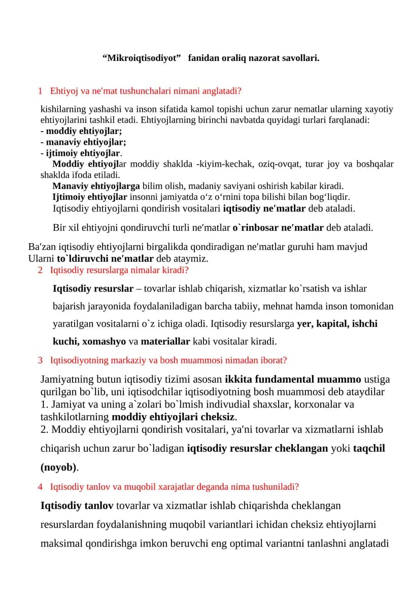 Mikroiqtisodiyot fanidan oraliq nazorat savollari