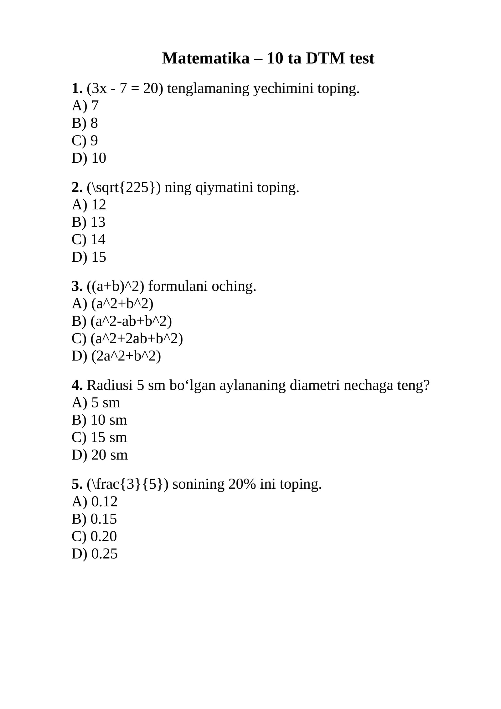 Matematika – 10 ta DTM test