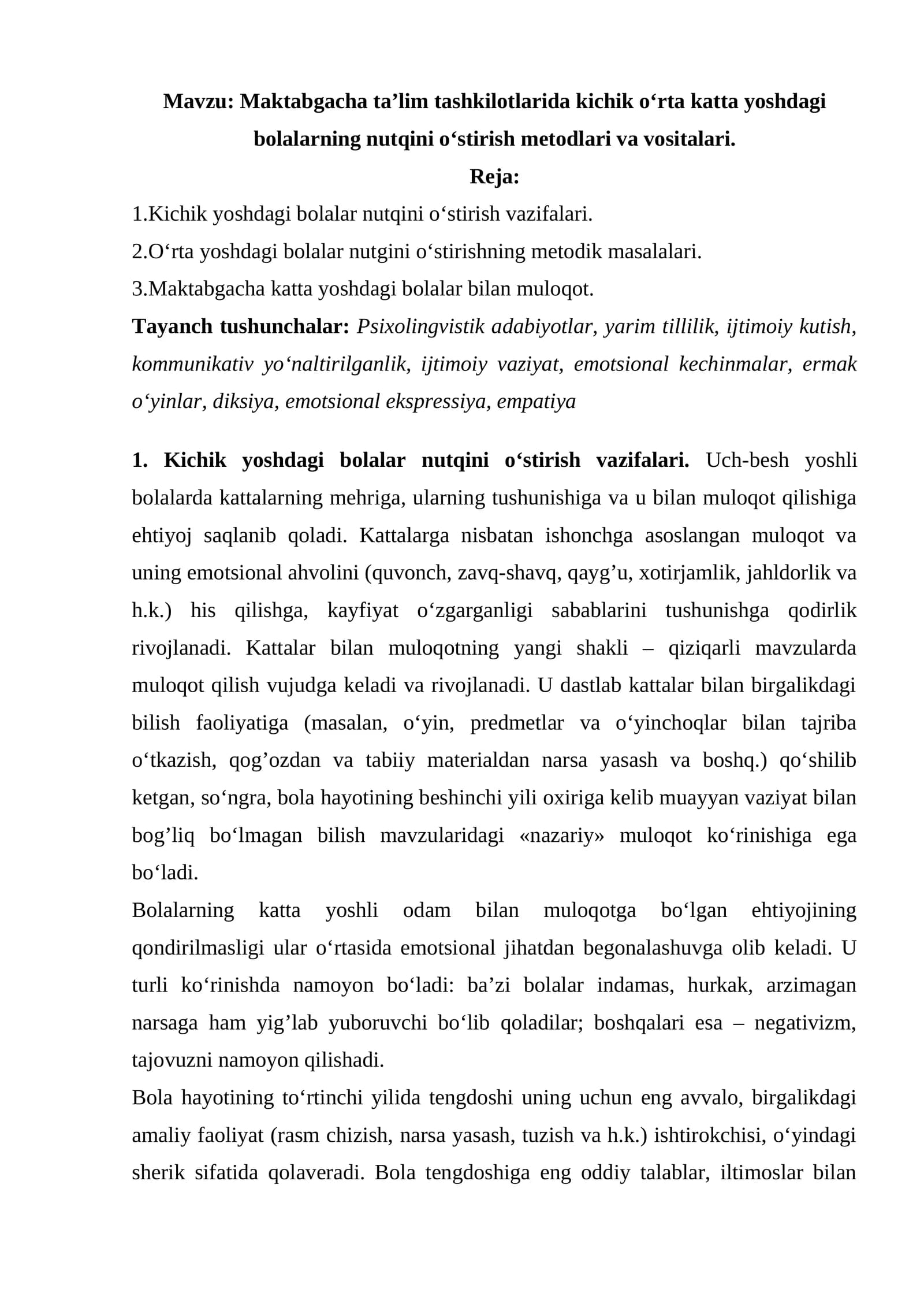 Maktabgacha ta’lim tashkilotlarida kichik o‘rta katta yoshdagi bolalarning nutqini o‘stirish metodlari va vositalari