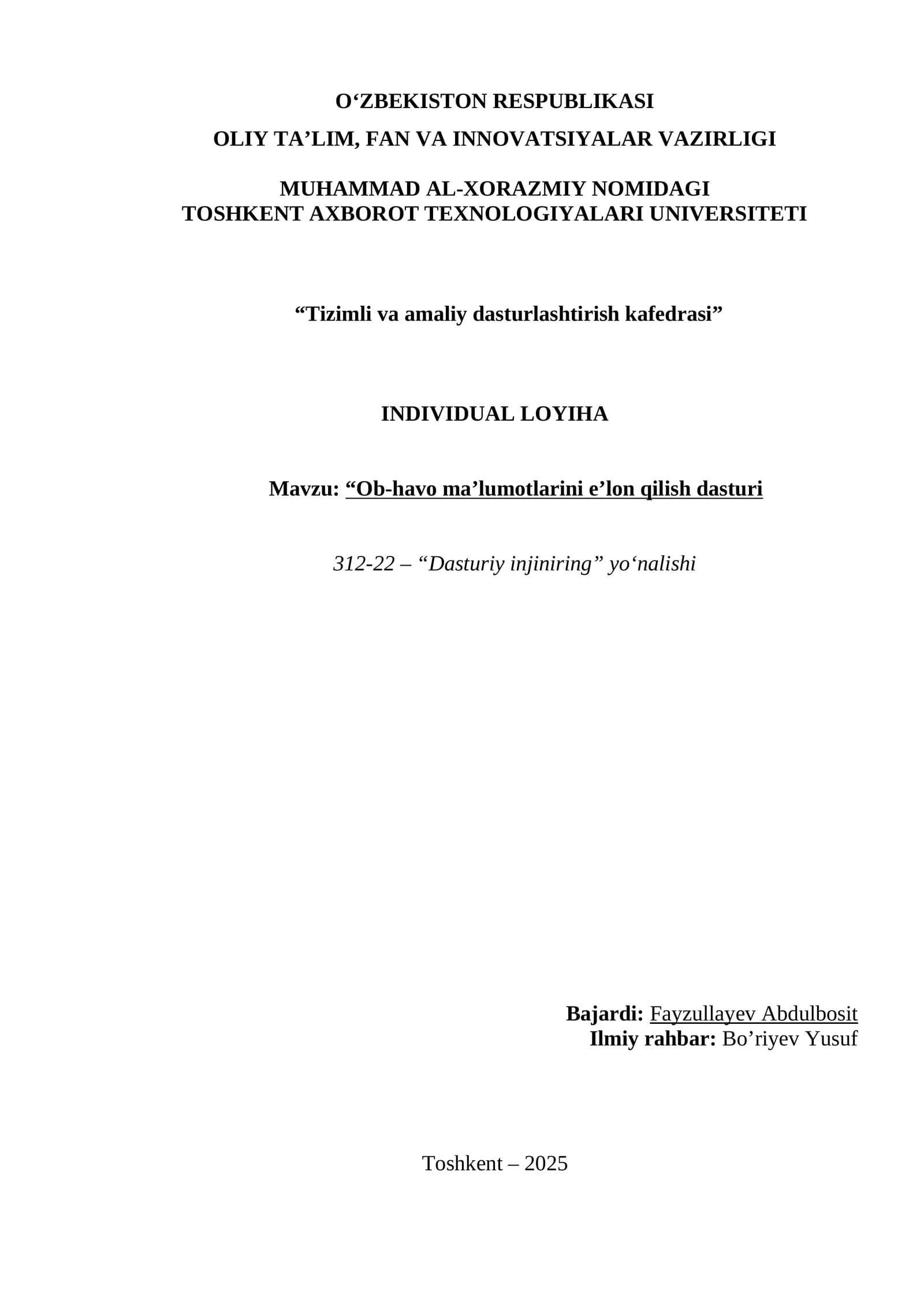 Ob-havo ma’lumotlarini e’lon qilish dasturi