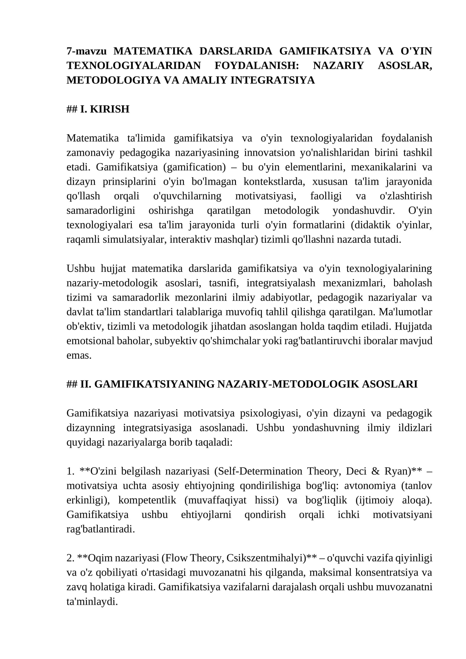 MATEMATIKA DARSLARIDA GAMIFIKATSIYA VA O'YIN TEXNOLOGIYALARIDAN FOYDALANISH