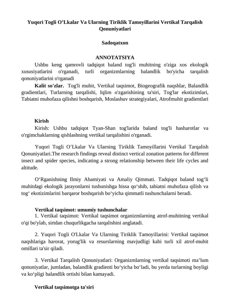 Yuqori Togli O’Lkalar Va Ularning Tiriklik Tamoyillarini Vertikal Tarqalish Qonuniyatlari