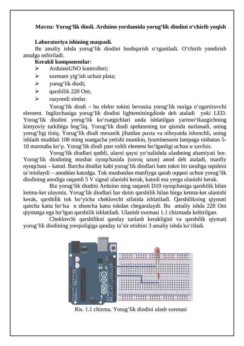 Yorug‘lik diodi. Arduino yordamida yorug‘lik diodini о‘chirib yoqish