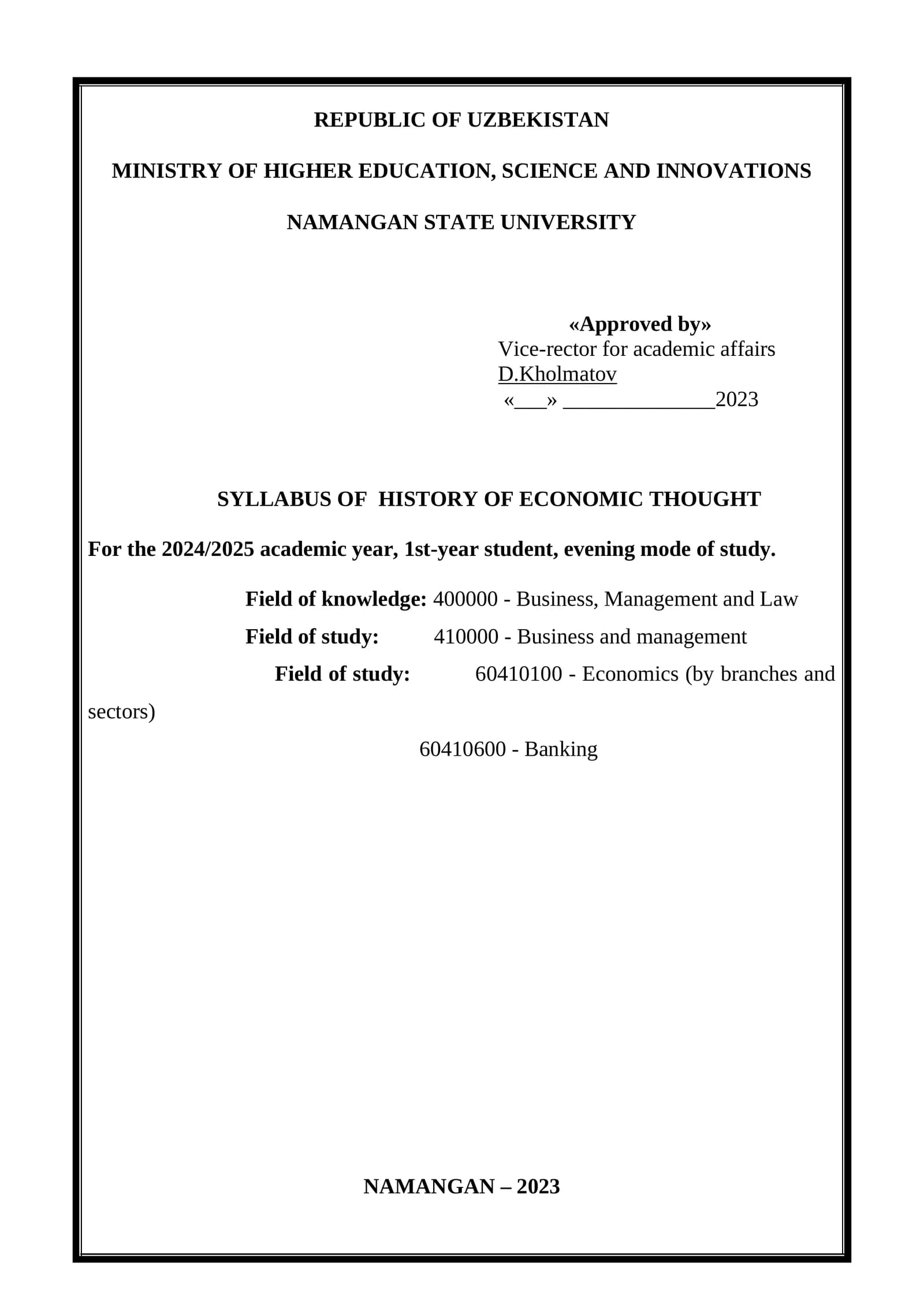 History of Economic Thought Syllabus