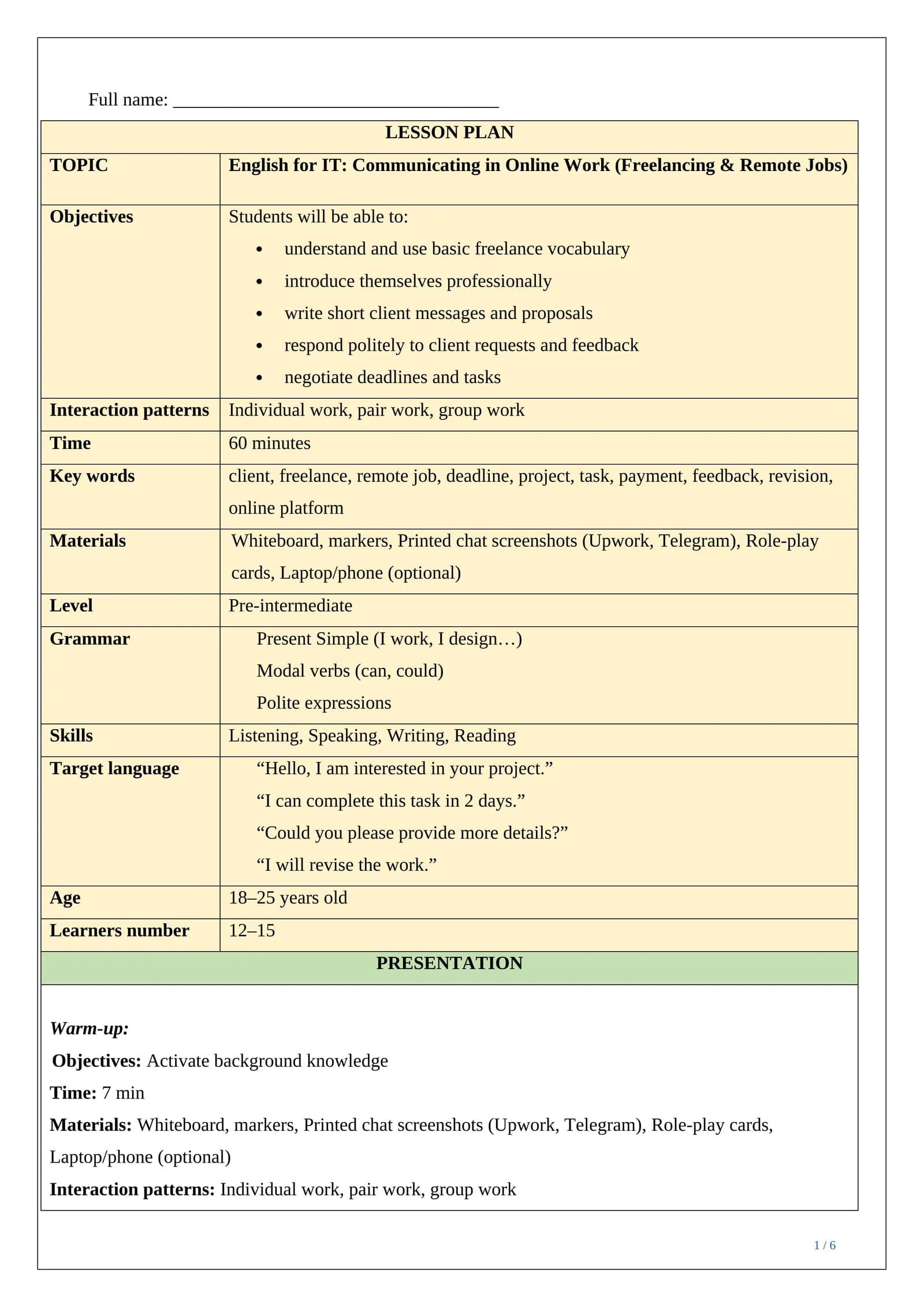 Lesson plan ESP focusing on English for IT, teaching freelance