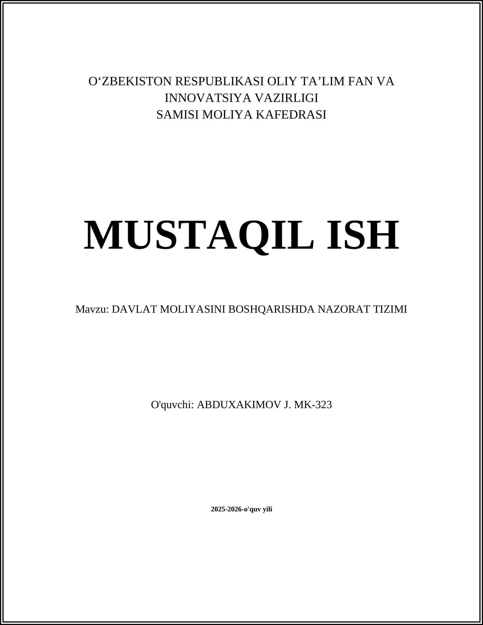 DAVLAT MOLIYASINI BOSHQARISHDA NAZORAT TIZIMI