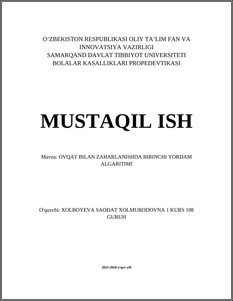 OVQAT BILAN ZAHARLANISHDA BIRINCHI YORDAM ALGARITIMI