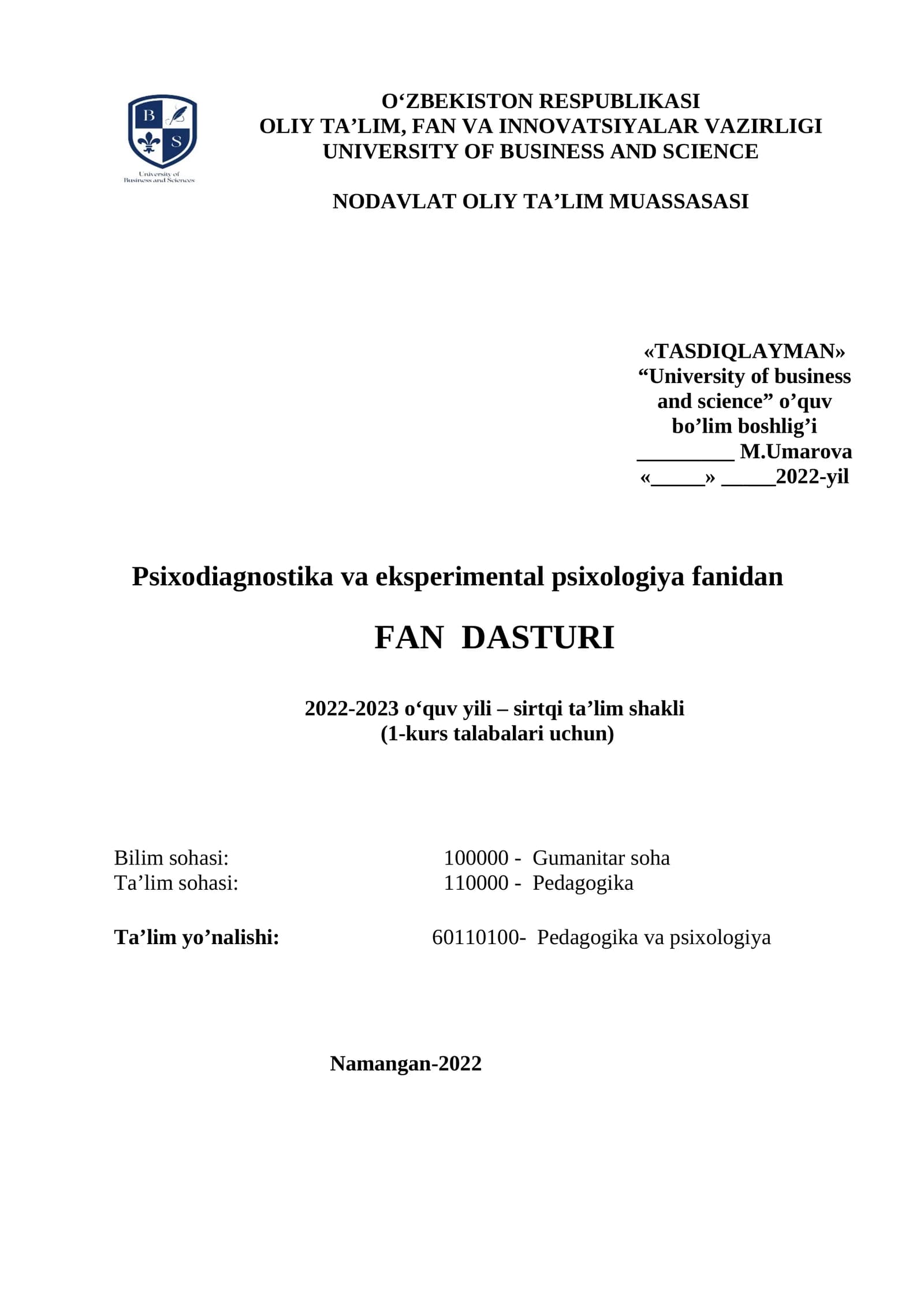 Psixodiagnostika va eksperimental psixologiya fanidan