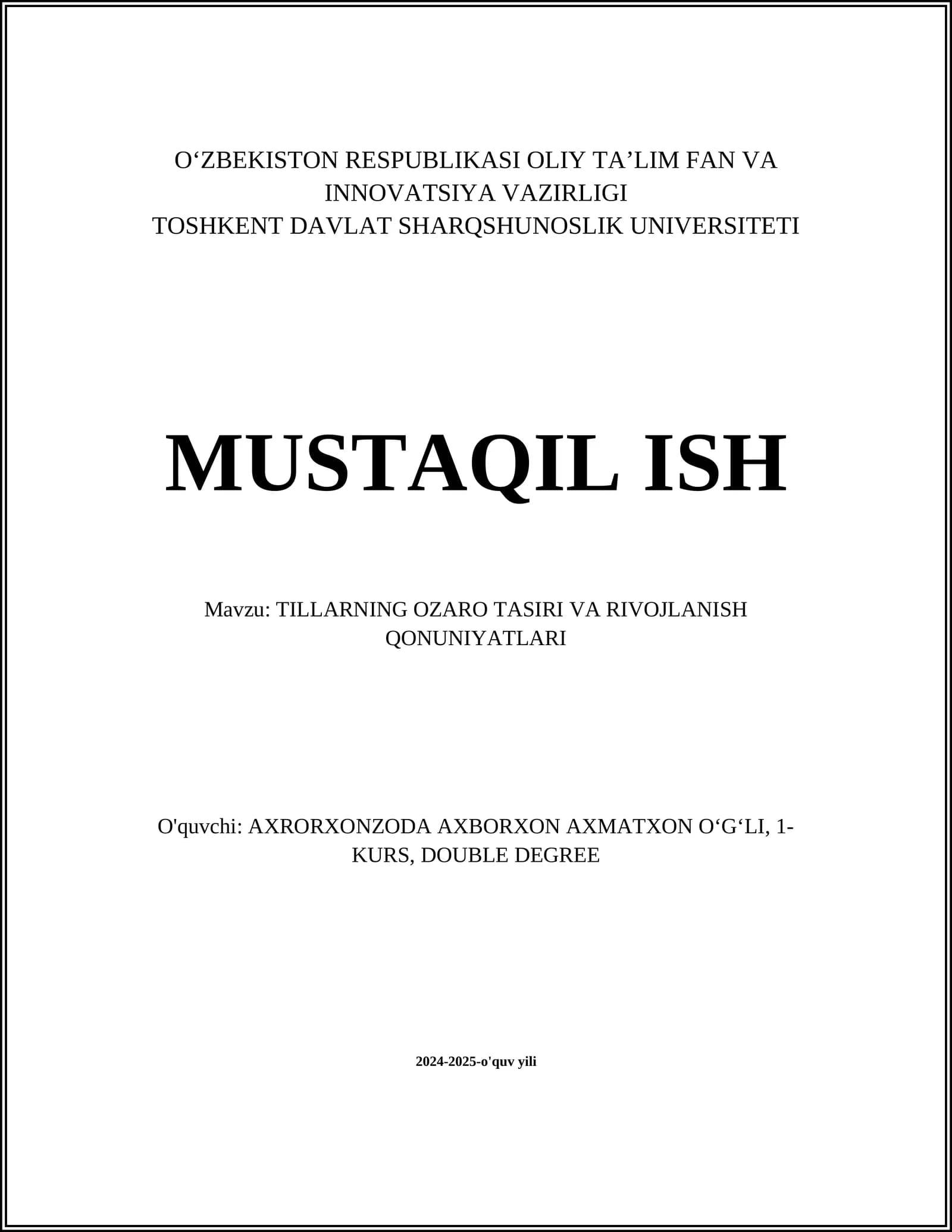 TILLARNING OZARO TASIRI VA RIVOJLANISH QONUNIYATLARI