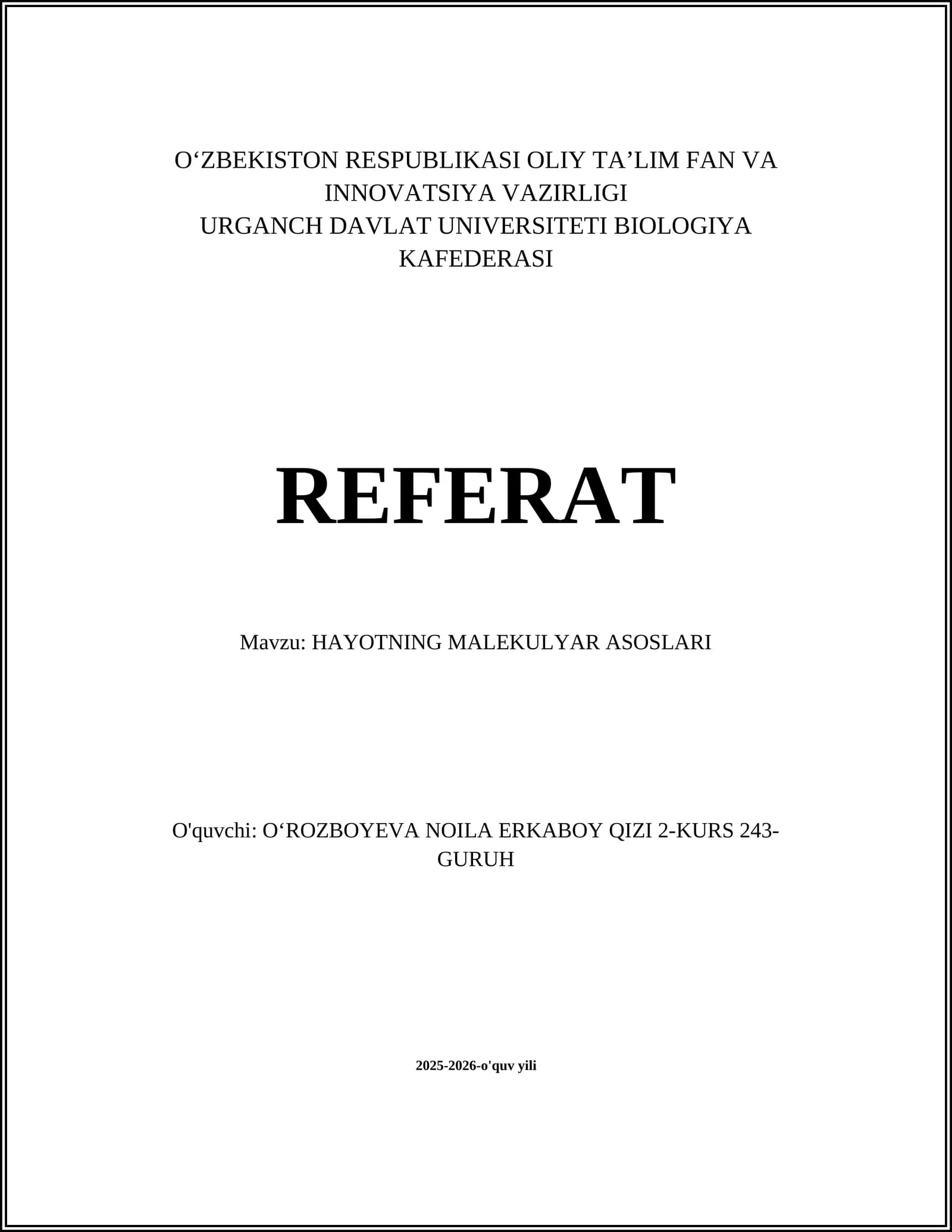 HAYOTNING MALEKULYAR ASOSLARI