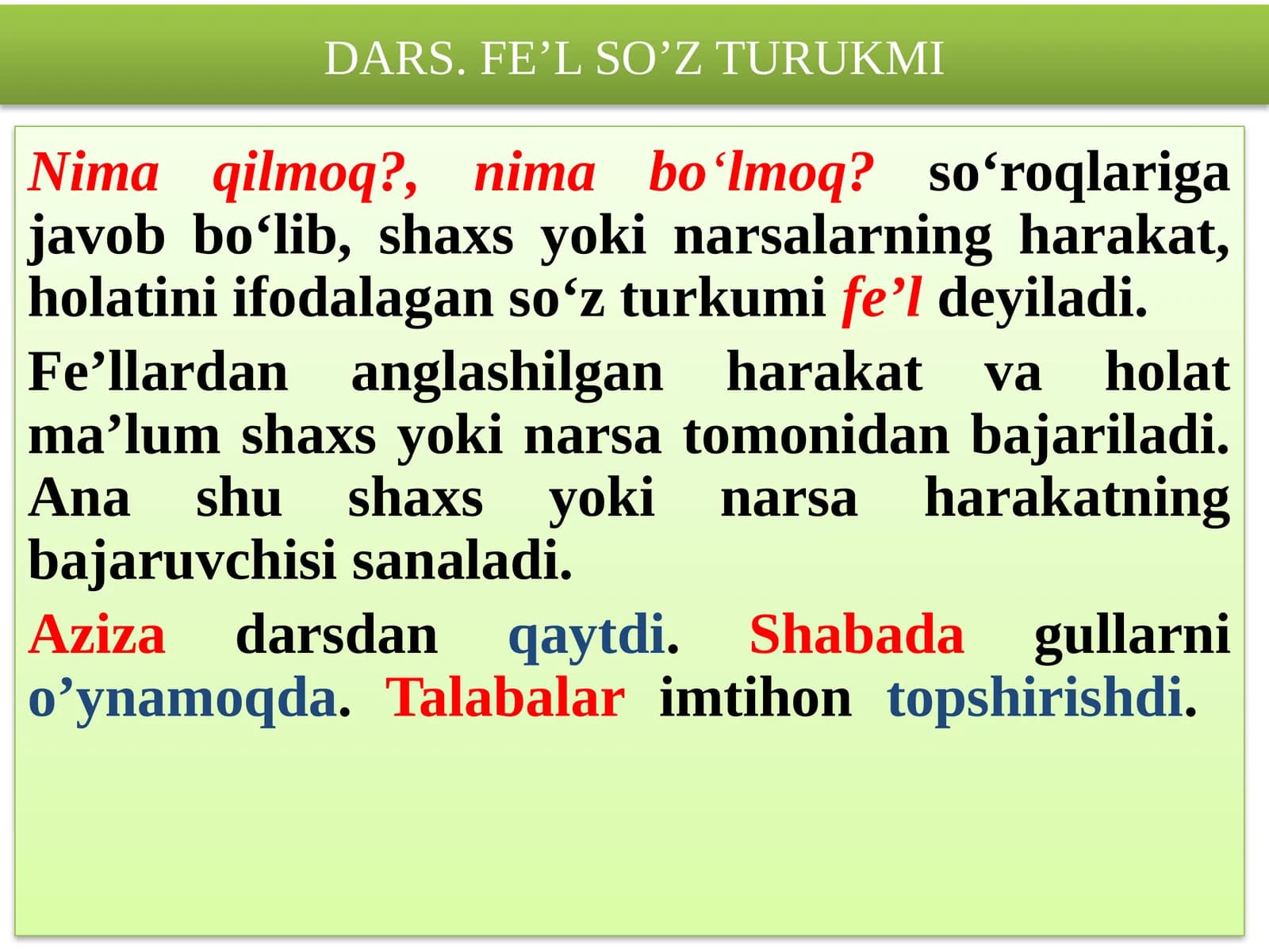 DARS. FE’L SO’Z TURUKMI