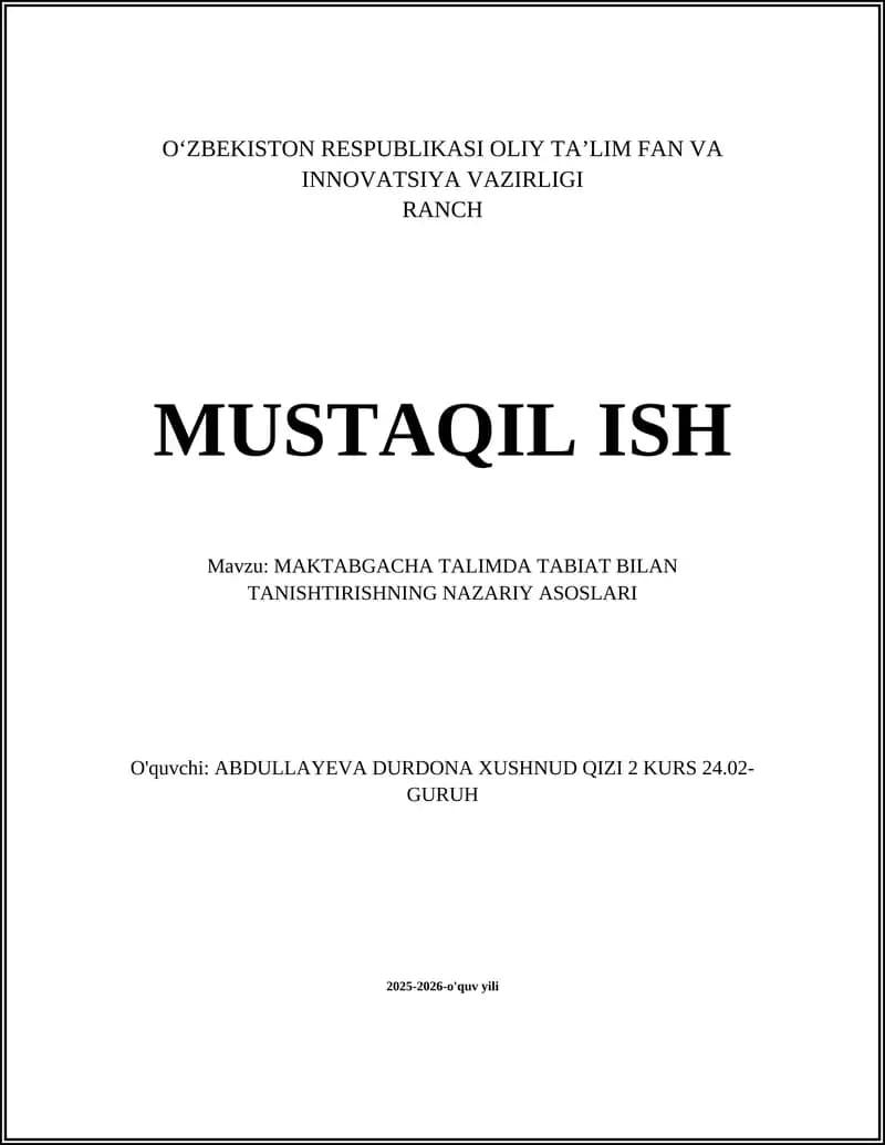 MAKTABGACHA TALIMDA TABIAT BILAN TANISHTIRISHNING NAZARIY ASOSLARI