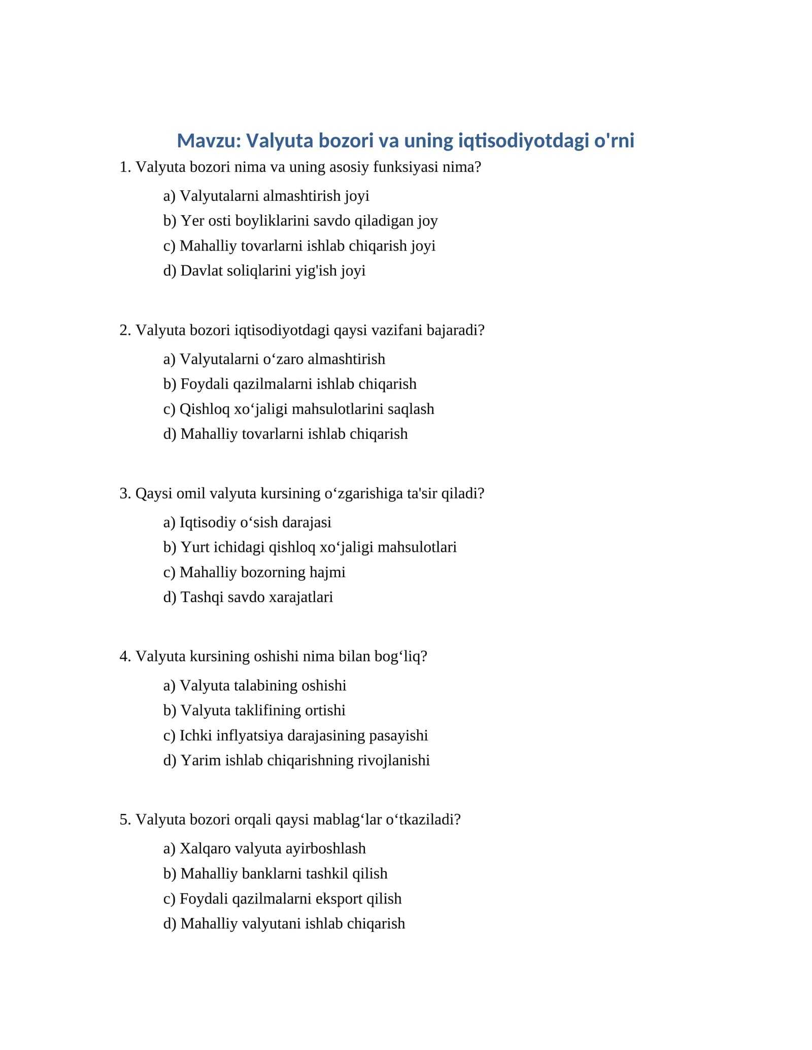 Valyuta bozori va uning iqtisodiyotdagi o'rni