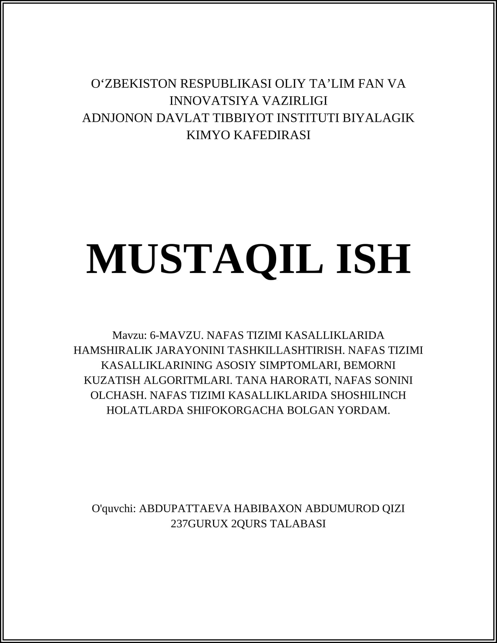 Nafas Tizimi Kasalliklarida Hamshirlik Jarayoni