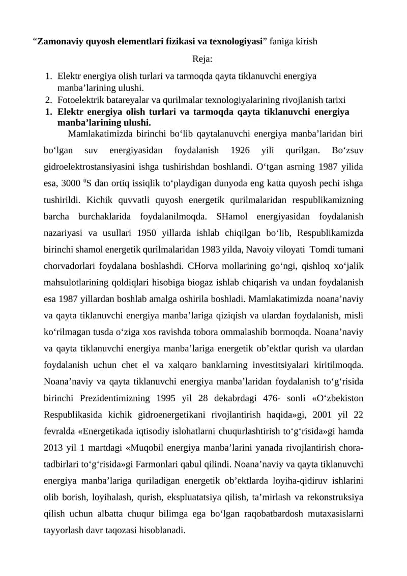 Zamonaviy quyosh elementlari fizikasi va texnologiyasi