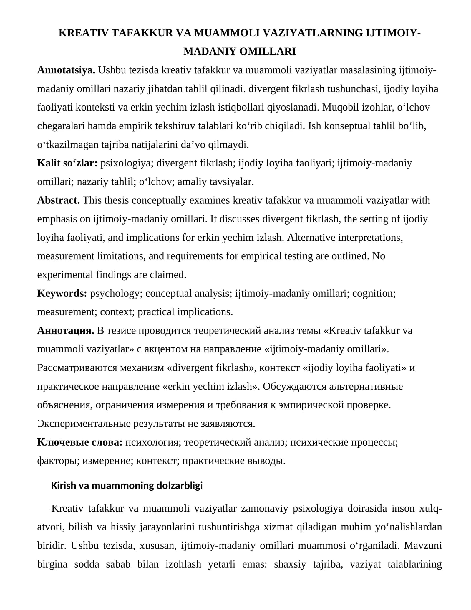 KREATIV TAFAKKUR VA MUAMMOLI VAZIYATLARNING IJTIMOIY-MADANIY OMILLARI