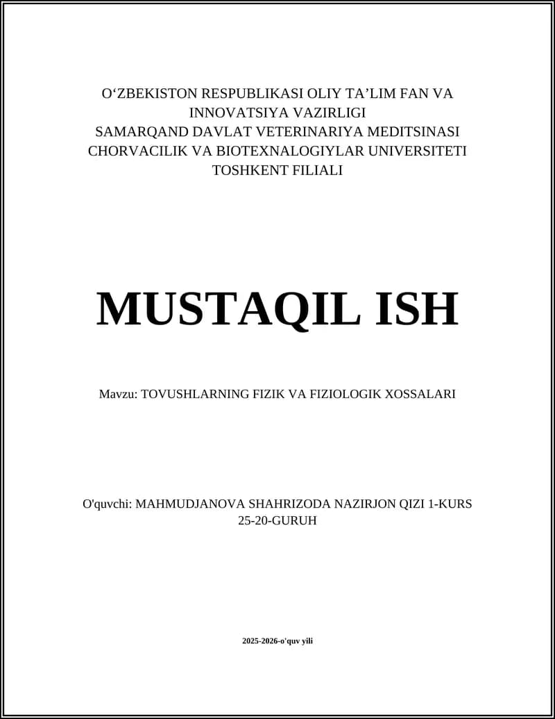 TOVUSHLARNING FIZIK VA FIZIOLOGIK XOSSALARI