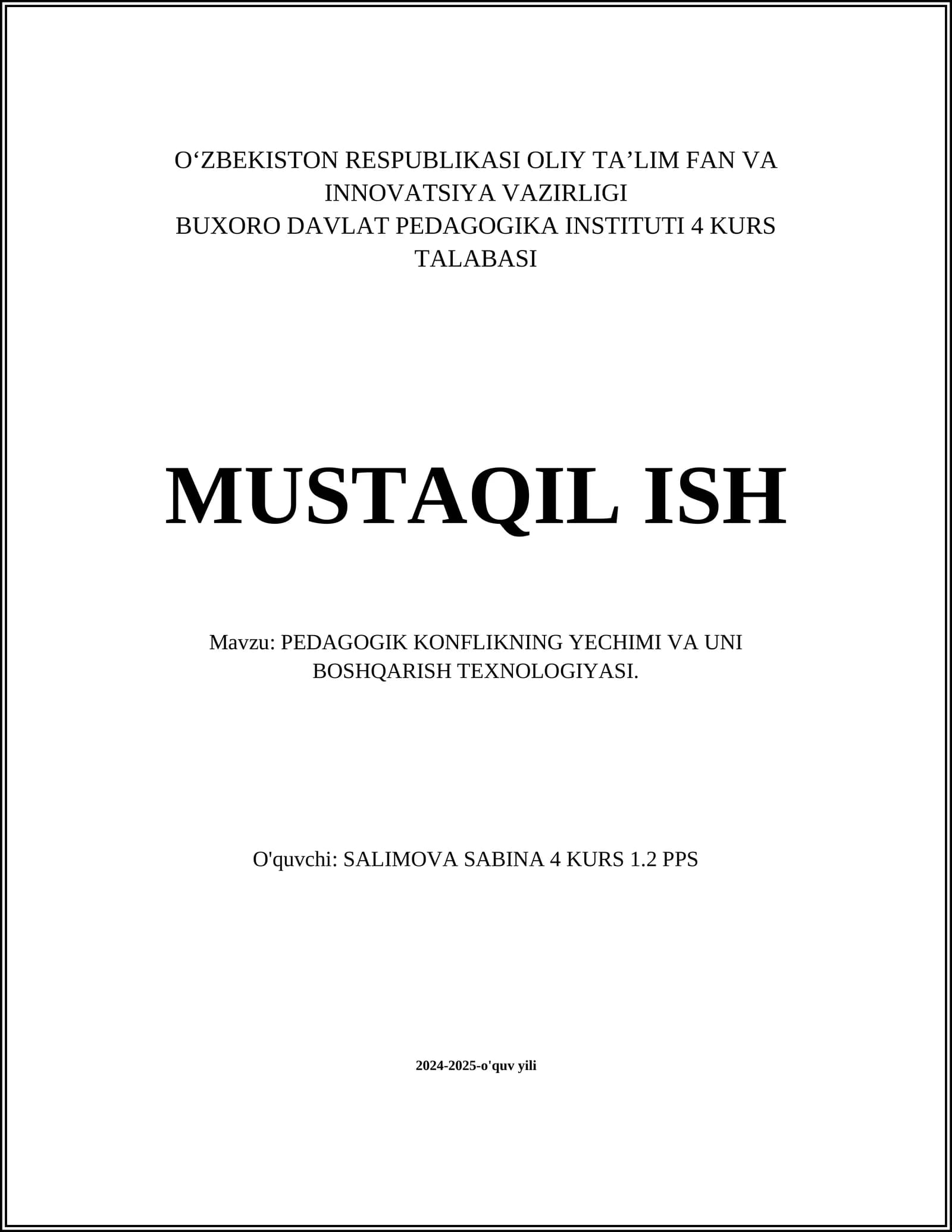 PEDAGOGIK KONFLIKNING YECHIMI VA UNI BOSHQARISH TEXNOLOGIYASI