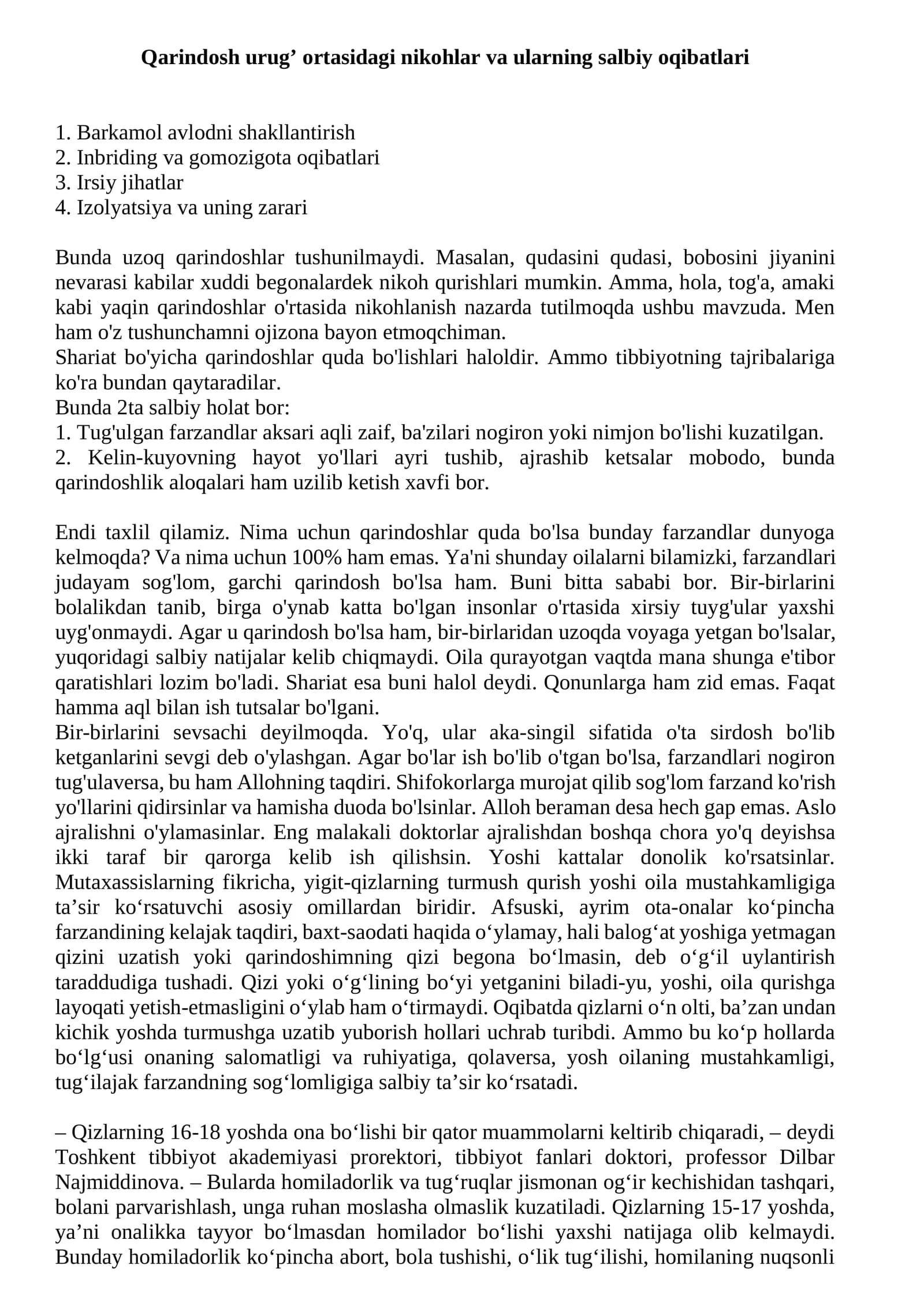 Qarindosh urug’ o'rtasidagi nikohlar va ularning salbiy oqibatlari