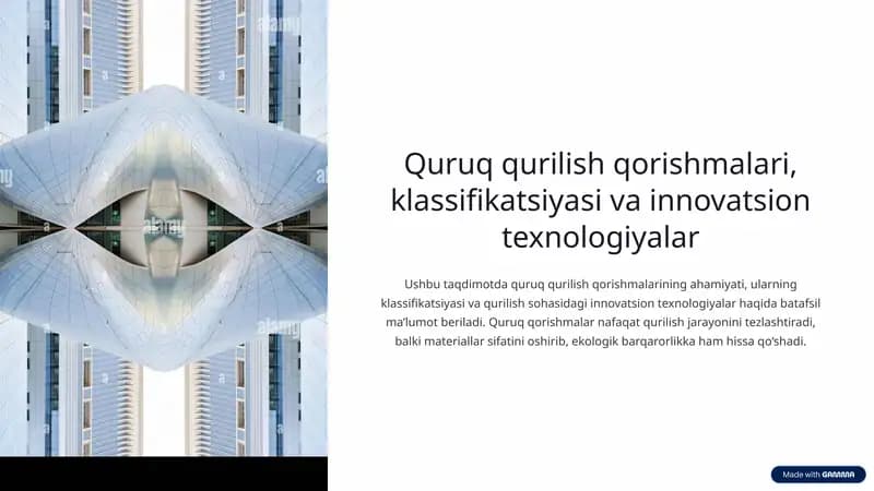 Quruq qurilish qorishmalari, klassifikatsiyasi va innovatsion texnologiyalar