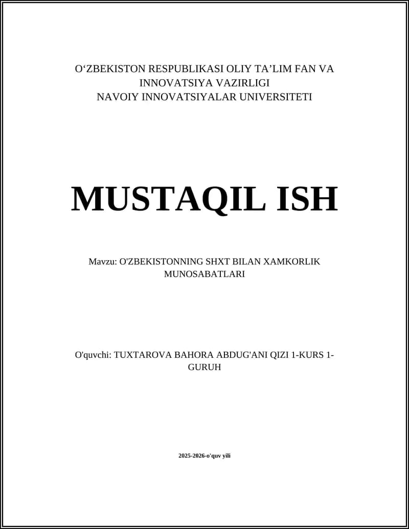 O'ZBEKISTONNING SHXT BILAN XAMKORLIK MUNOSABATLARI