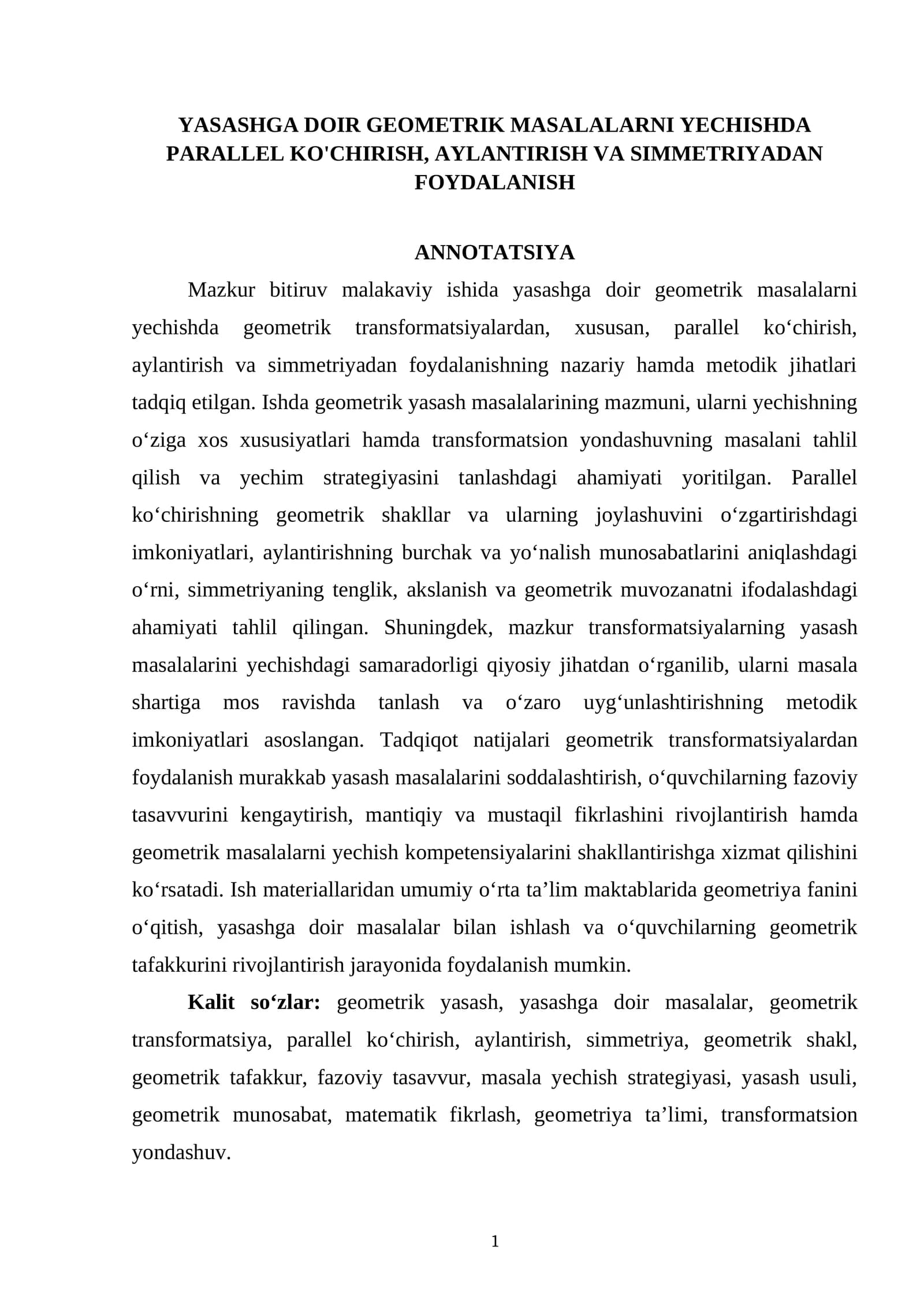 YАSАSHGА DОIR GЕОMЕTRIK MАSАLАLАRNI YЕCHISHDА РАRАLLЕL KО'CHIRISH, АYLАNTIRISH VА SIMMЕTRIYАDАN FОYDАLАNISH
