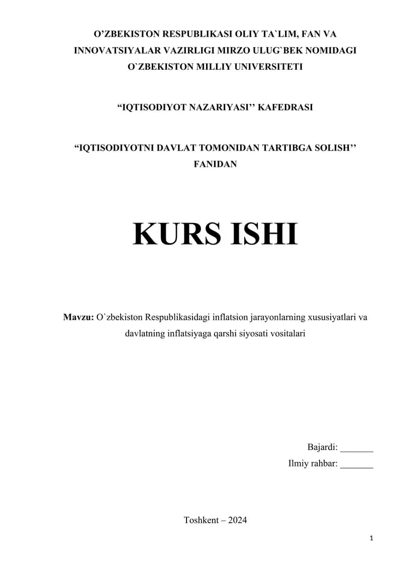 Mavzu: O`zbekiston Respublikasidagi inflatsion jarayonlarning xususiyatlari va davlatning inflatsiyaga qarshi siyosati vositalari
