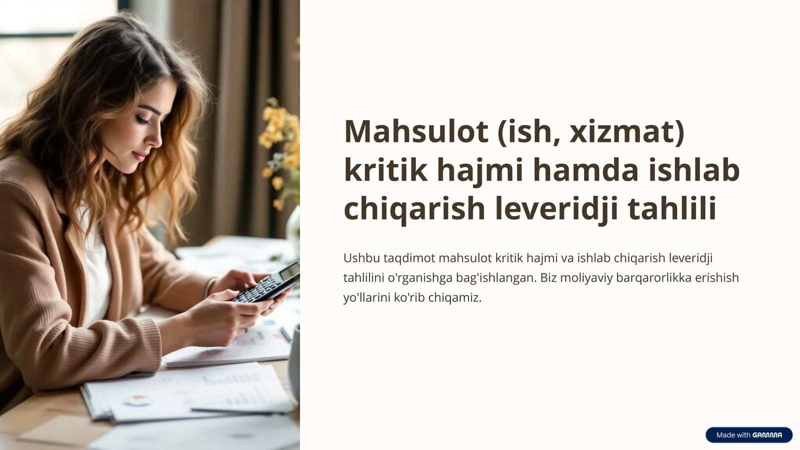 Mahsulot kritik hajmi va ishlab chiqarish leveridji tahlili PPT | Iqtisodiy tahlil prezentatsiya
