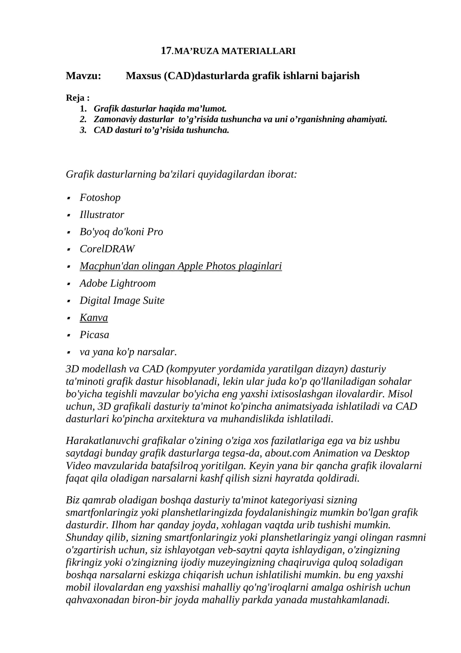 Maxsus (CAD)dasturlarda grafik ishlarni bajarish