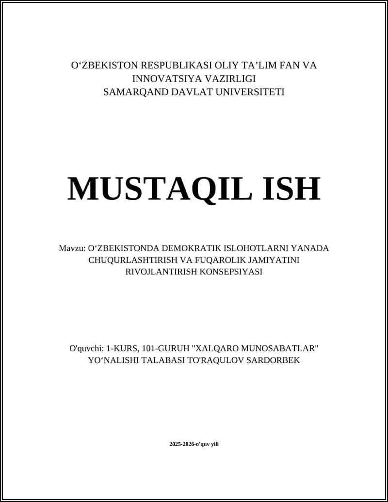 O‘ZBEKISTONDA DEMOKRATIK ISLOHOTLARNI YANADA CHUQURLASHTIRISH VA FUQAROLIK JAMIYATINI RIVOJLANTIRISH KONSEPSIYASI