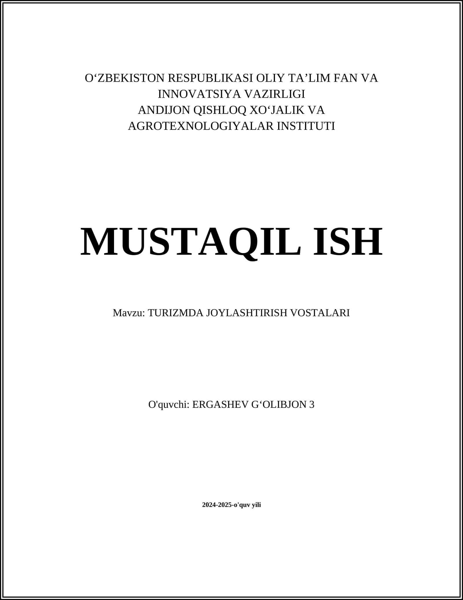 TURIZMDA JOYLASHTIRISH VOSTALARI