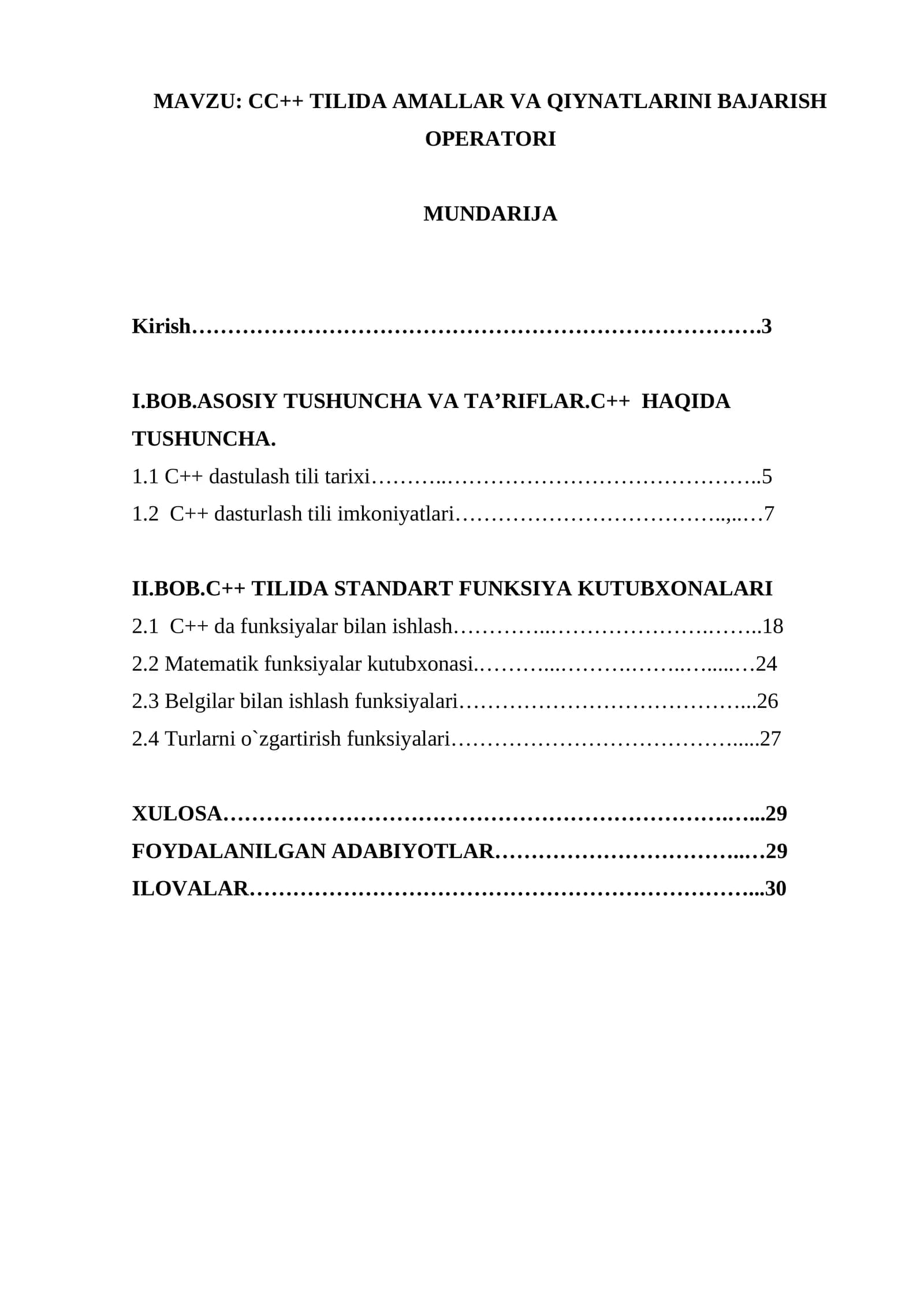CC++ TILIDA AMALLAR VA QIYNATLARINI BAJARISH OPERATORI