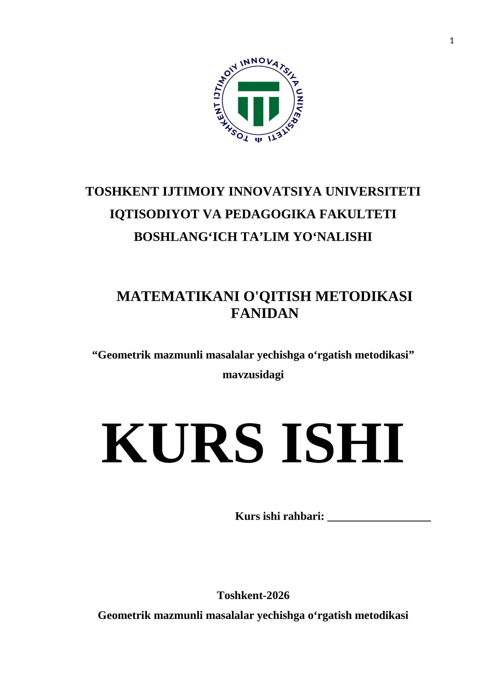 Geometrik mazmunli masalalar yechishga oʻrgatish metodikasi