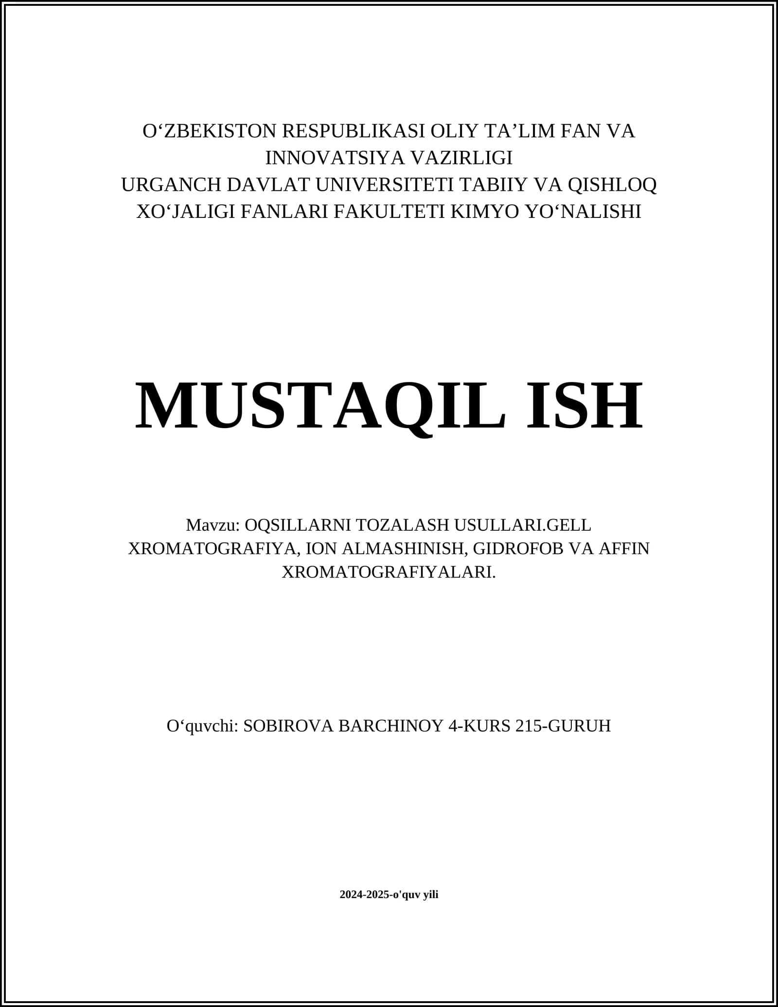Oqsillarni tozalash usullari.Gell xromatografiya, ion almashinish, gidrofob va affin xromatografiyalari