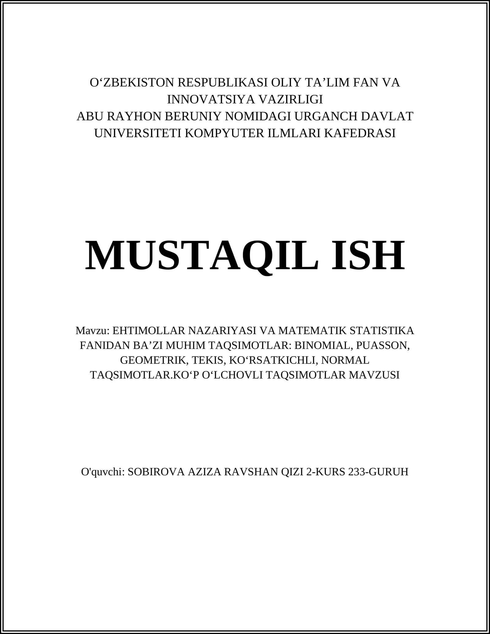 EHTIMOLLAR NAZARIYASI VA MATEMATIK STATISTIKA FANIDAN MUHIM TAQSIMOTLAR