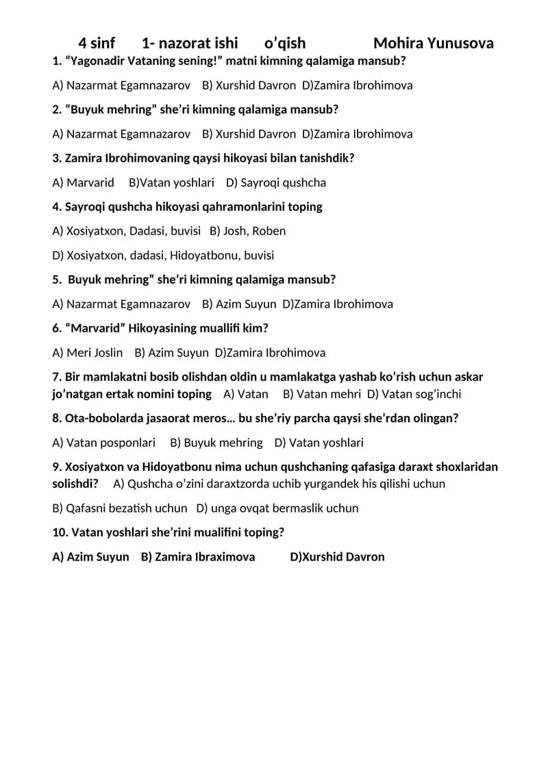 4 sinf 1- nazorat ishi o’qish Mohira Yunusova