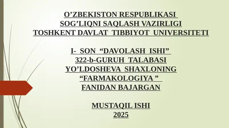 parkinson kasalligini davolashda ishlatiladigan dori vositalari